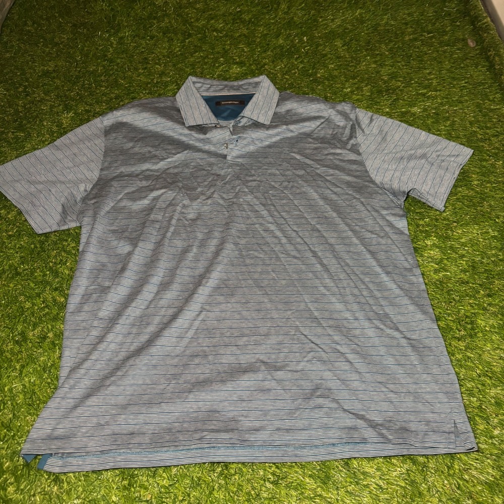 Ermenegildo Zegna Mens XXL Blue White Striped Cotton Short Sleeve Polo Shirt